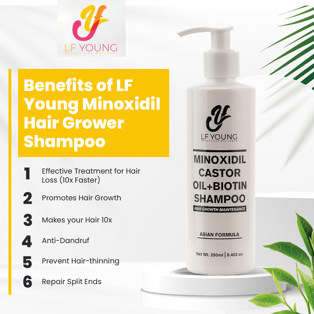 Minoxidil Hair Grower Shampoo with Biotin and Castor Oil 250mL for Hair Loss Treatment by LF Young