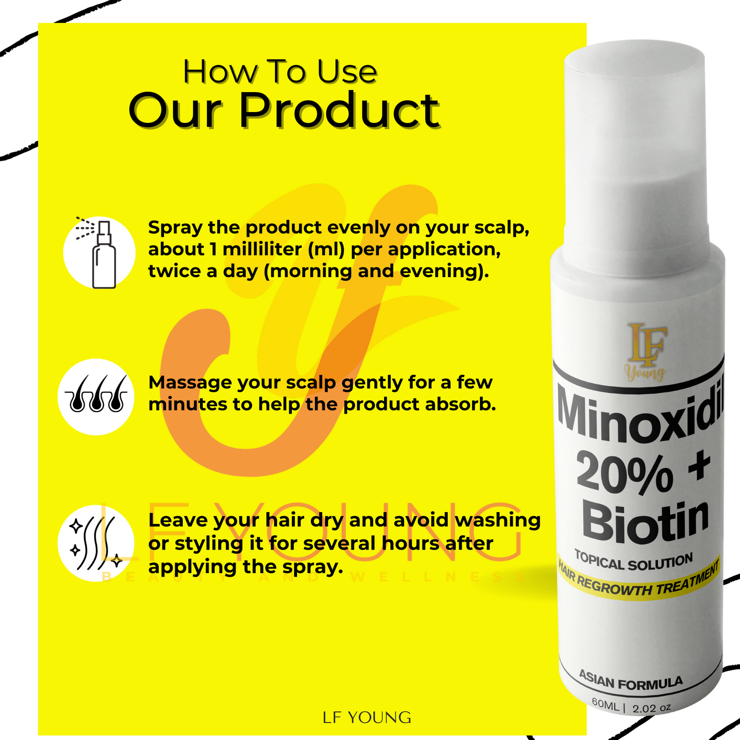 Minoxidil Hair Solution Spray for Hair Loss Treatment 60mL with Biotin for Hair Growth by LF Young