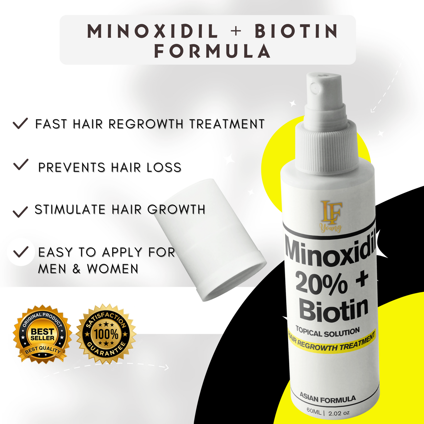 Minoxidil Hair Solution Spray for Hair Loss Treatment 60mL with Biotin for Hair Growth by LF Young